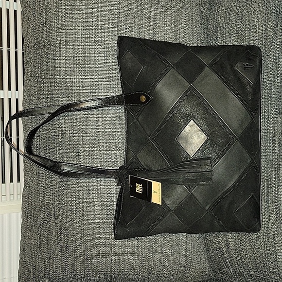 Frye Handbags - FRYE Black Miren Leather Patchwork Shopper Tote